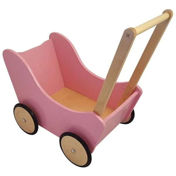 Poppenwagen van hout in roze met blank hout
